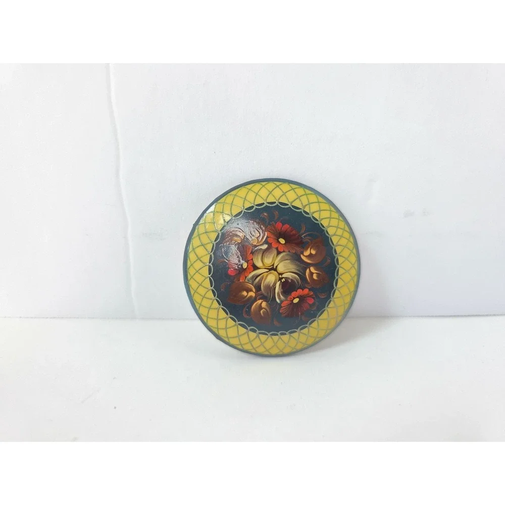 Vintage Russian Lacquer pin brooch floral yellow blue 2